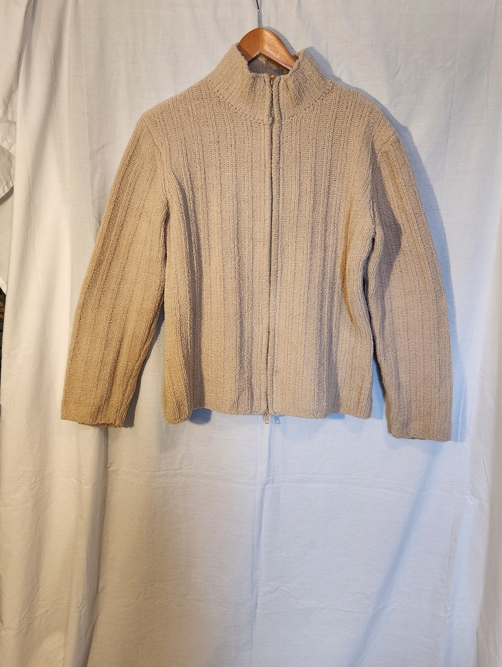 Beige Zip-Up Knit Sweater Jacket